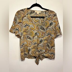 Michael Kors Women’s Paisley Print Bow Sleeve Blouse Mustard Yellow Small